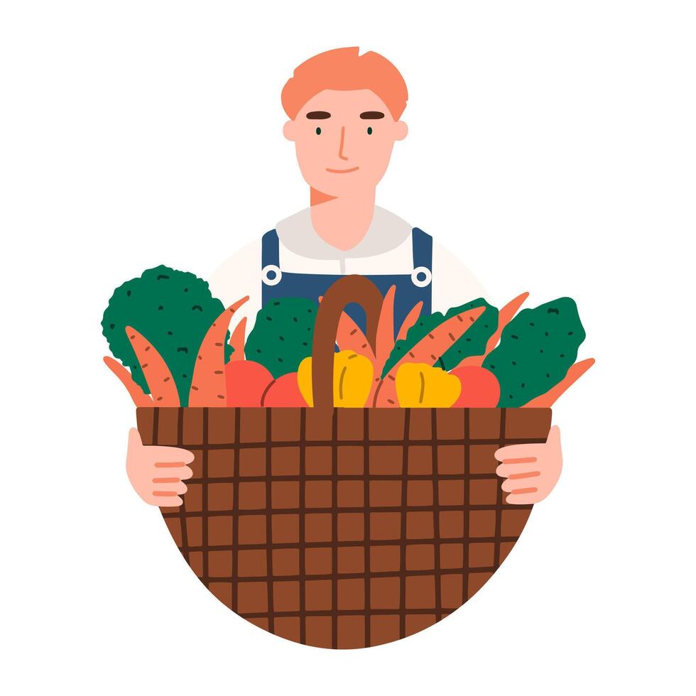 Farmer mit ein Korb von geerntet Getreide. ein Mann hält Gemüse von seine Garten im seine Hände vektor