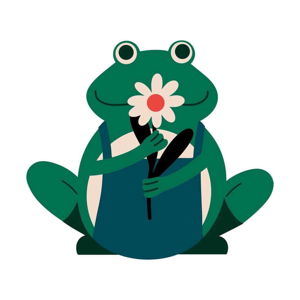 süß Frosch mit ein Blume im es ist Pfoten. Garten Keramik modern Figur. Illustration im eben Stil. vektor