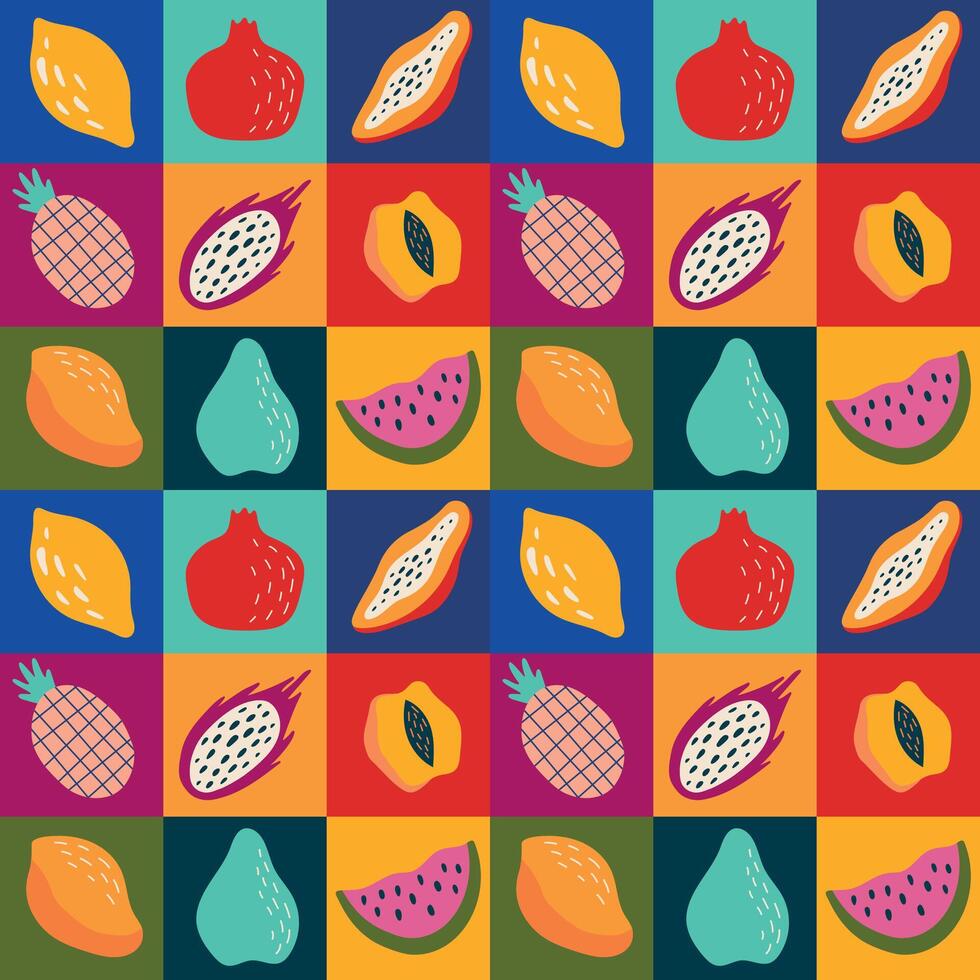 geometrisch Obst nahtlos Muster. exotisch stilisiert Früchte im hell Quadrate. zum Abdeckung, Verpackung, Hintergrund, Verpackung Papier vektor