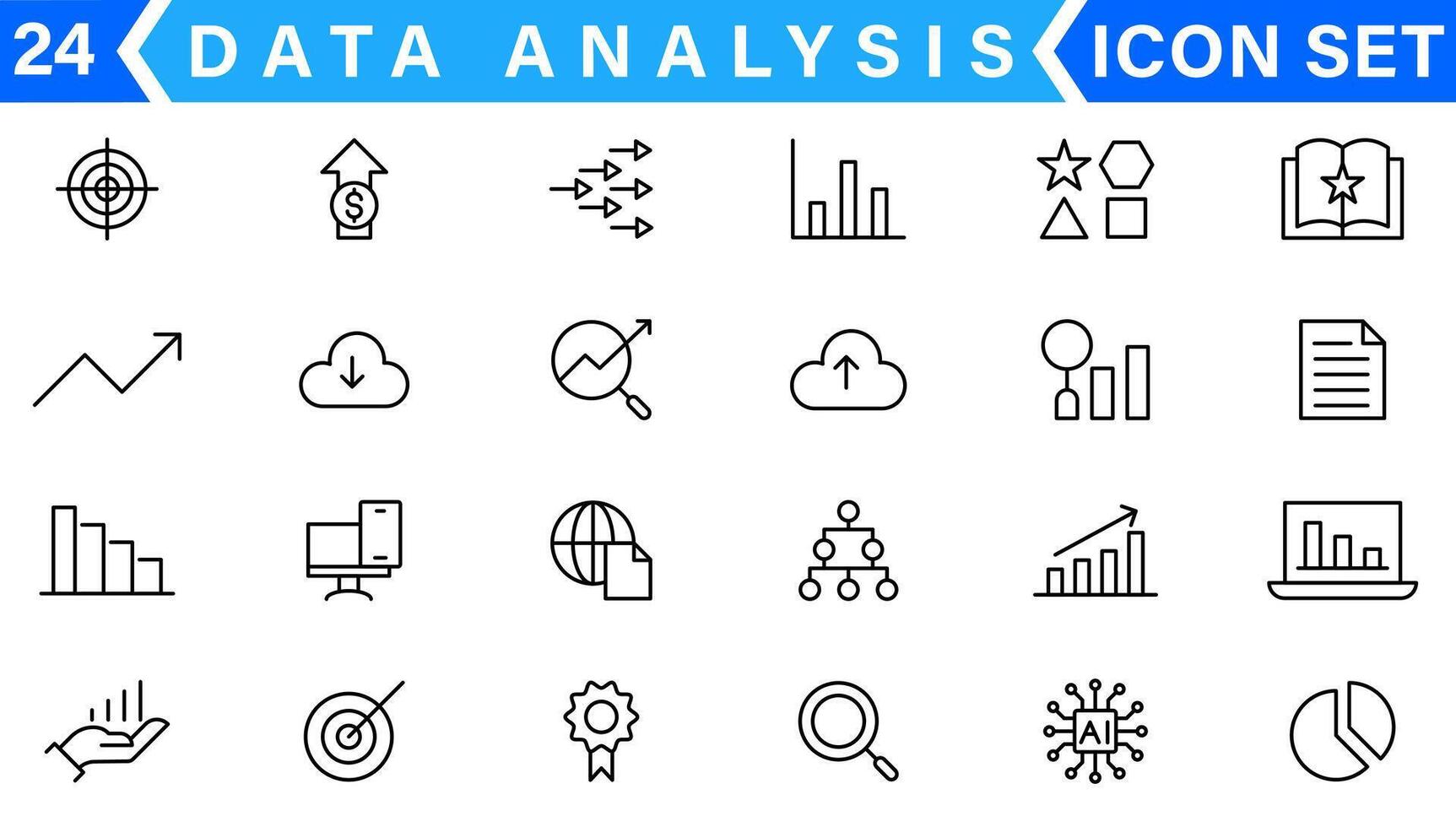 data analys linje ikoner uppsättning. analys, server, brytning, data filtrera, trafik, ai, värd, övervakning. statistik och analys översikt ikoner samling vektor