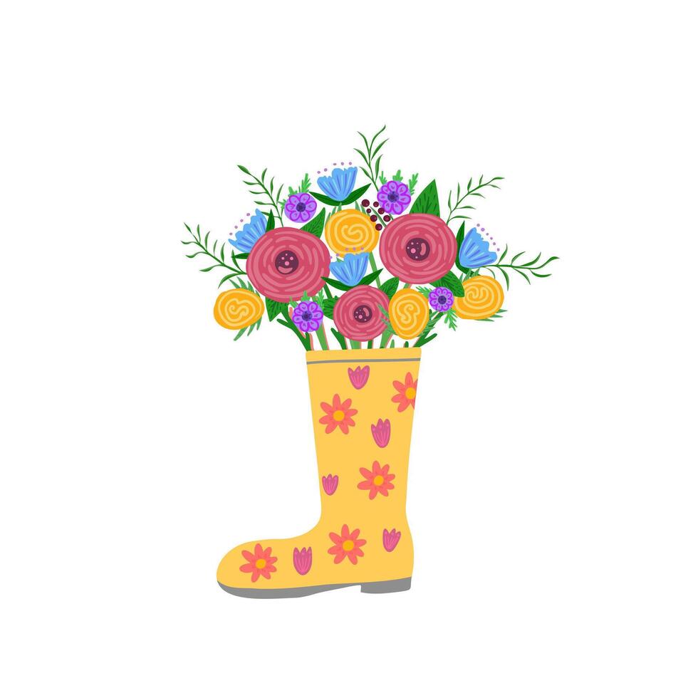 Gummi Stiefel mit Blumen. Illustration zum Drucken, Hintergründe, Abdeckungen und Verpackung. Bild können Sein benutzt zum Gruß Karten, Poster, Aufkleber und Textil. isoliert auf Weiß Hintergrund. vektor