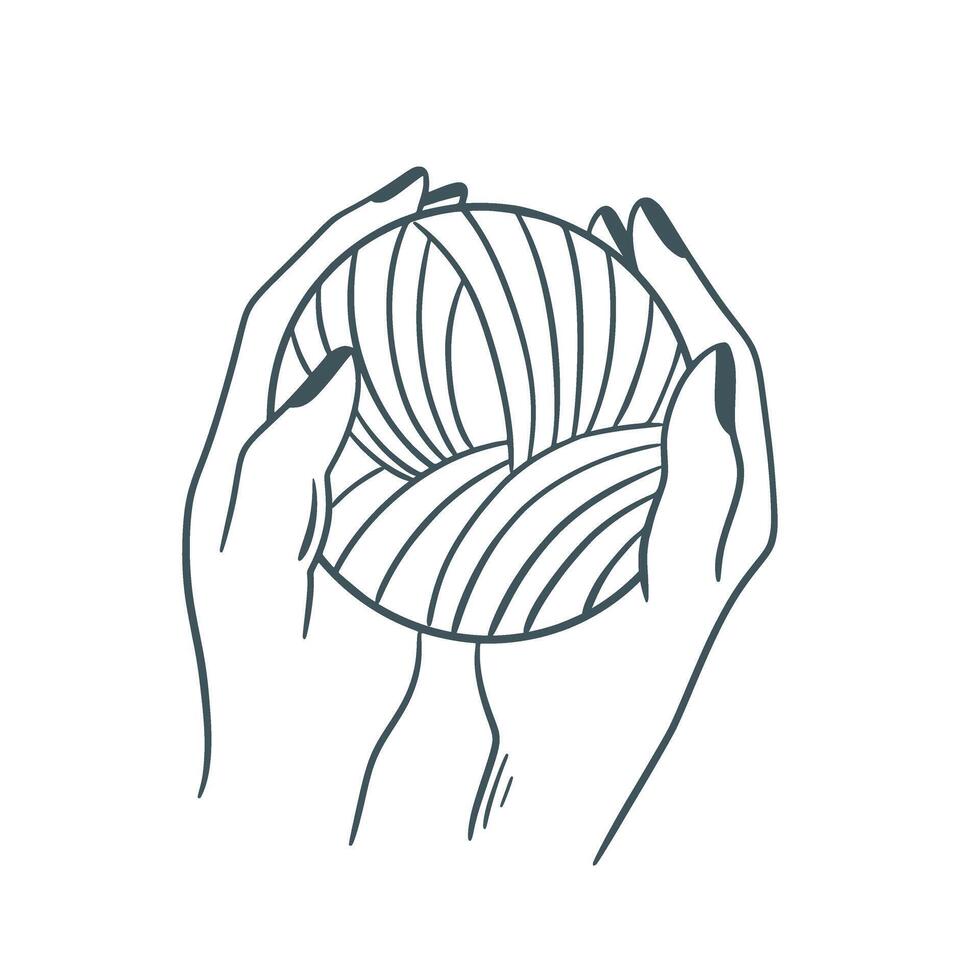 kvinna händer innehav en boll av tråd för stickning klotter skiss stil isolerat illustration vektor