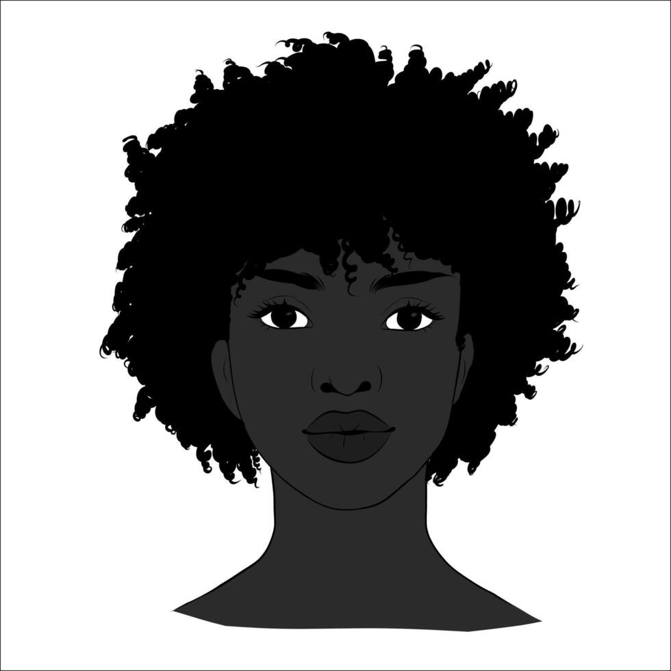 Porträt von schön afrikanisch amerikanisch Frau im schwarz und Weiß mit kurz Haar. sanft Silhouette, Mode Illustration. Vollgesicht Porträt vektor