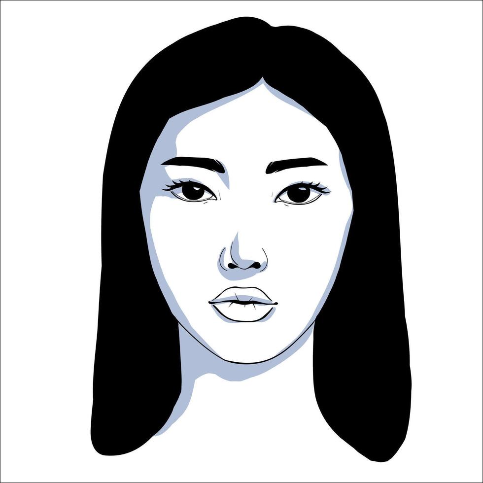 Porträt von schön asiatisch Frau mit ein lange Haar im schwarz und Weiß mit Schatten. sanft Silhouette, Mode Illustration. Vollgesicht Porträt vektor