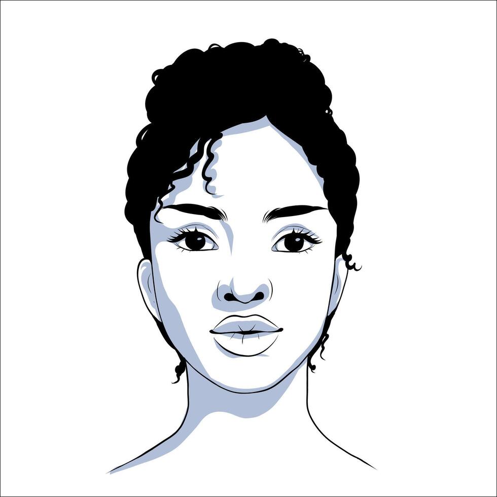 porträtt av skön afrikansk amerikan kvinna med en huvud bulle i svart och vit med skugga. mild silhuett, mode illustration. fullt ansikte porträtt vektor