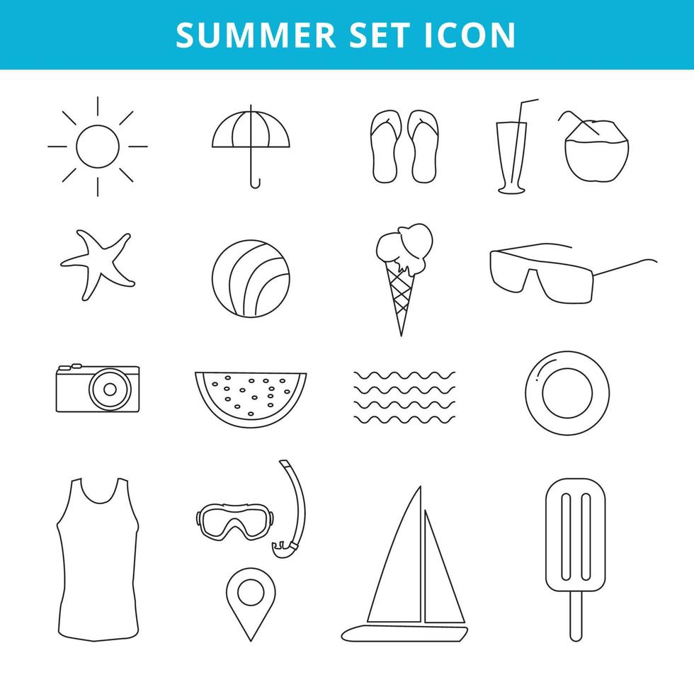 hand rita sommaren ikoner och symboluppsättning kontur semester. vektor