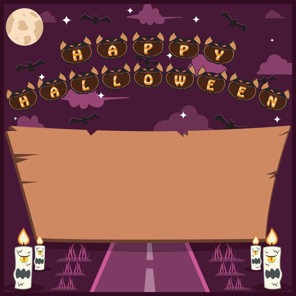 Halloween-Feiertage-Einladung oder Grußkarte mit Wort auf gruseligem Fledermauskopf-Charakter vektor