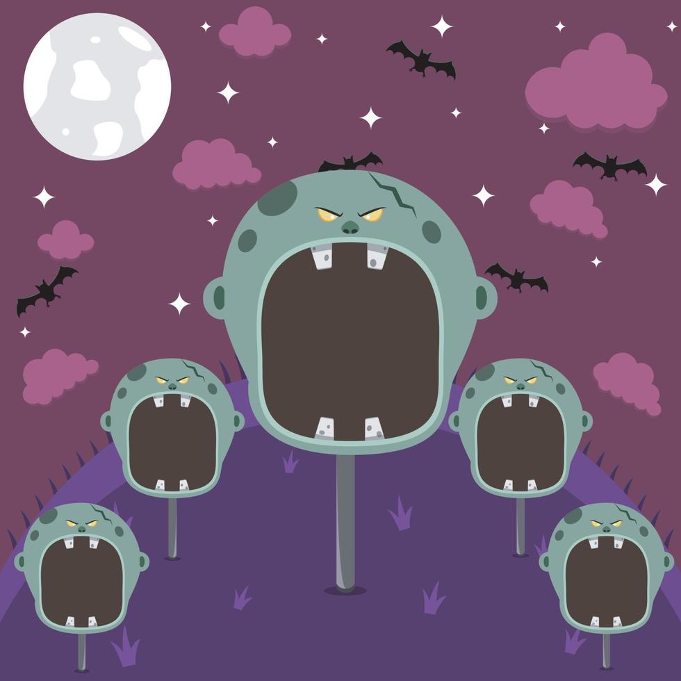 grauer Zombie-Charakter im Feld und in der Nacht. Vektor und Illustration