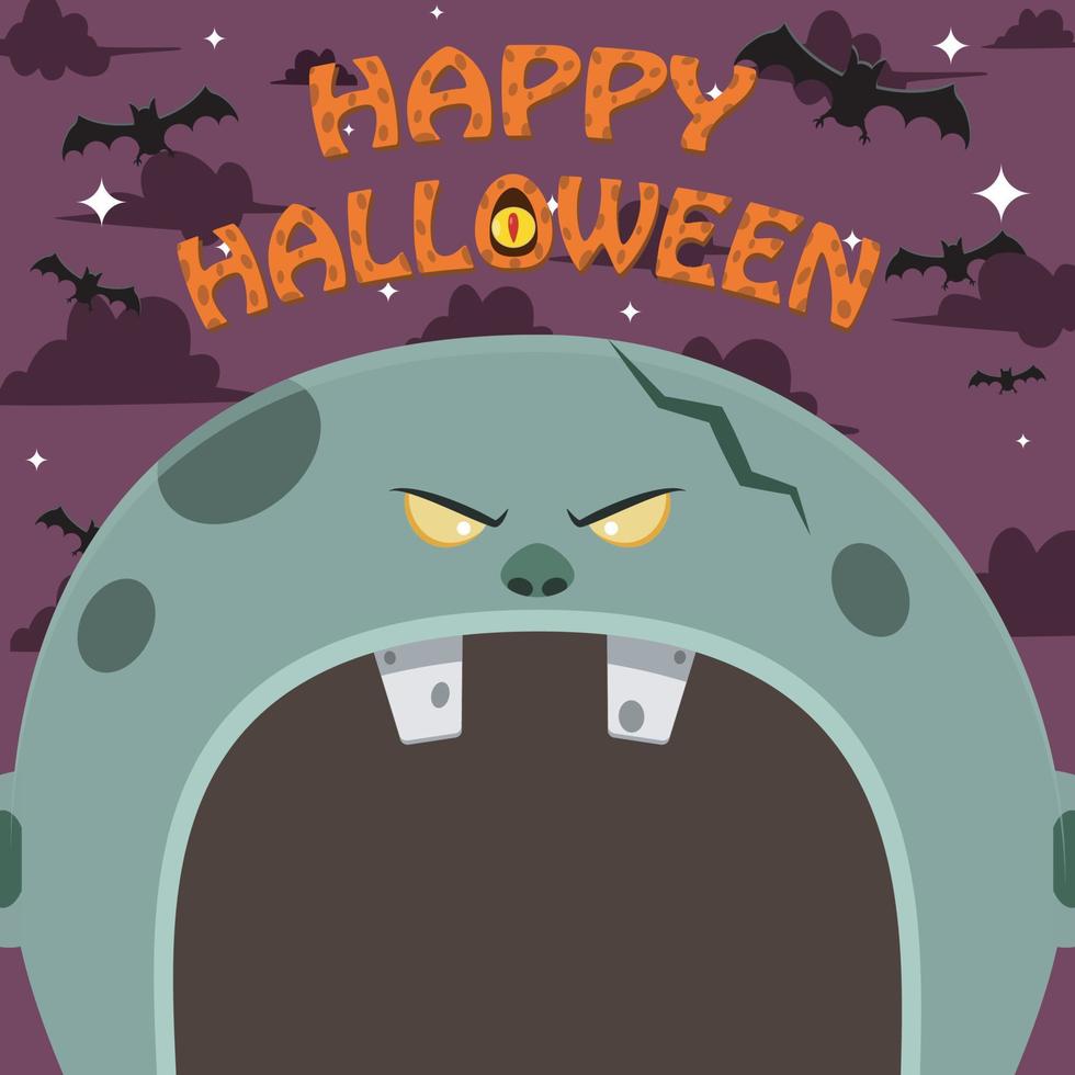 halloween karaktär design. med grå zombiekaraktär. stort ansikte och öppen mun. på gravfält. vektor