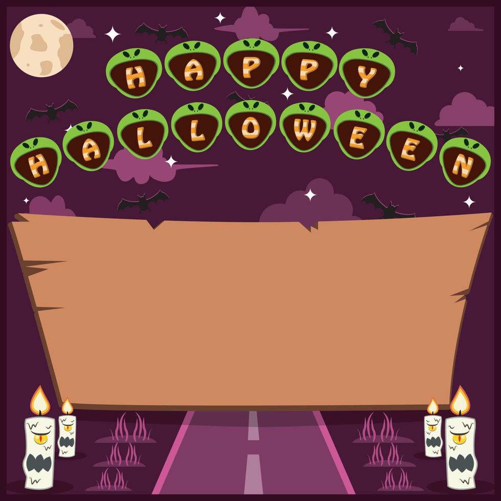Halloween-Feiertage-Einladung oder Grußkarte mit Wort auf Alien-Kopf-Charakter vektor