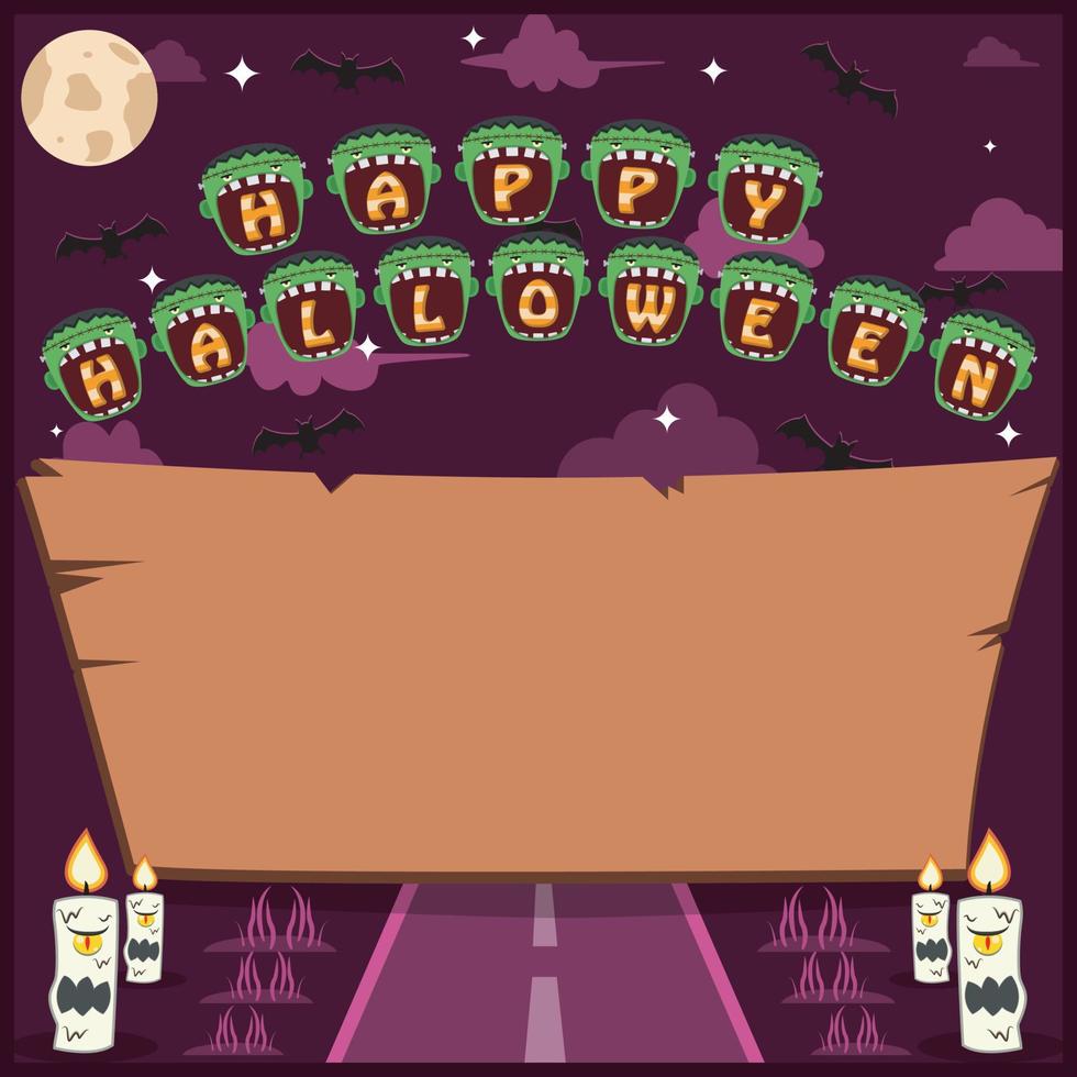halloween-feiertagseinladung oder grußkarte mit wort auf frankensteinkopfcharakter vektor