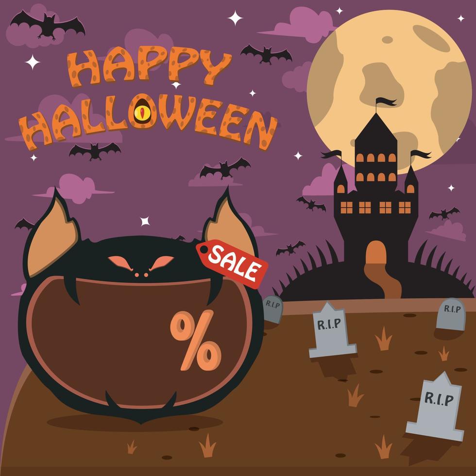 Halloween-Charakterkopf mit gruseligem Fledermauskopf auf Friedhof und Palast. Prozent, Verkauf und dunkler Hintergrund vektor