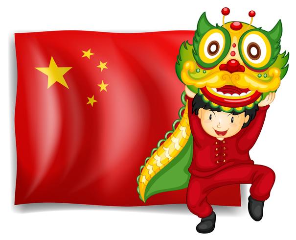 En pojke gör draken dans framför flaggan i Kina vektor