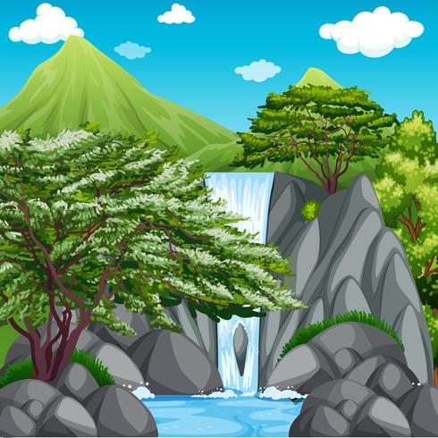 Natur scen med vattenfall i bergen vektor