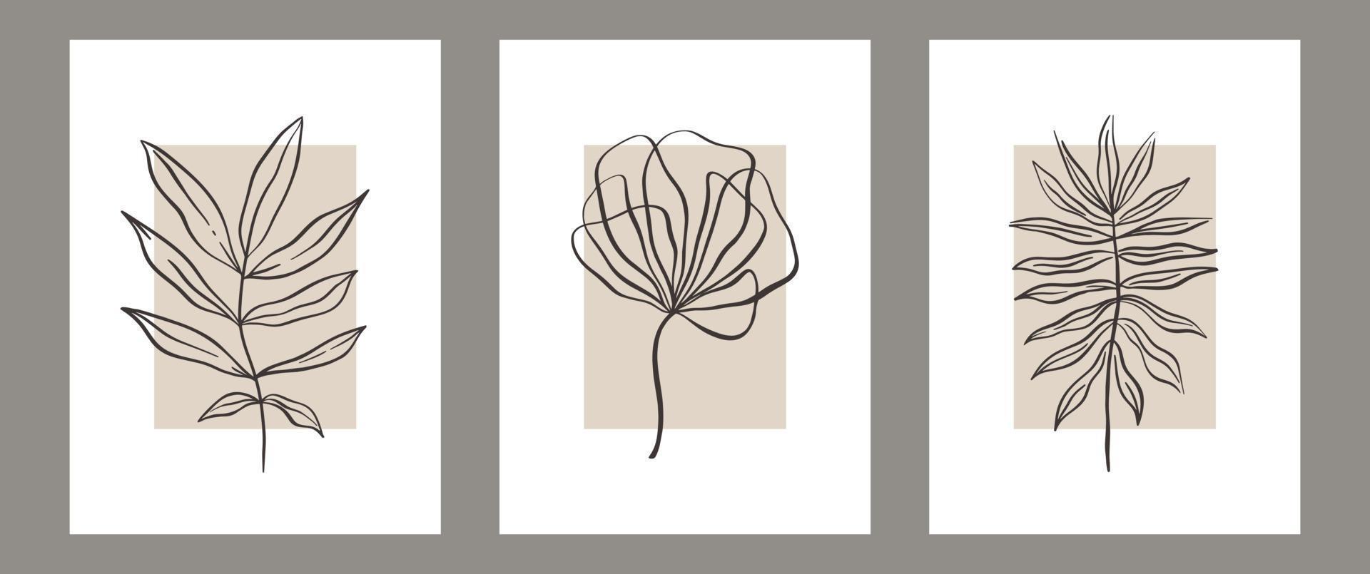 Set botanischer zeitgenössischer Wandkunstplakate. tropisches Laub Strichzeichnungen mit abstrakter Form. vektor