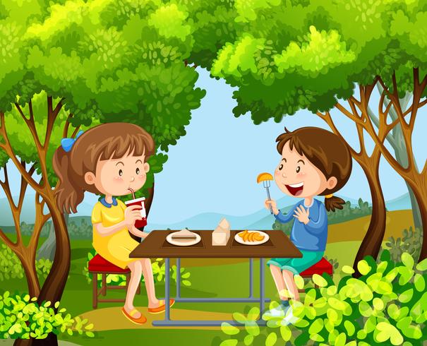 Två tjejer med picknick i skogen vektor