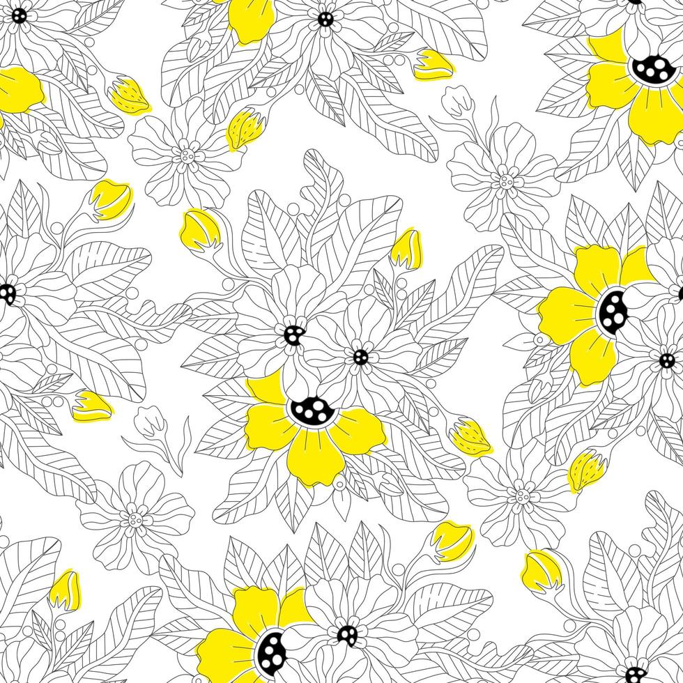 monokrom doodle bohemisk gul blomma seamless mönster, sida för vuxen målarbok. svart och vit blomkontur. vektor handritad illustration.