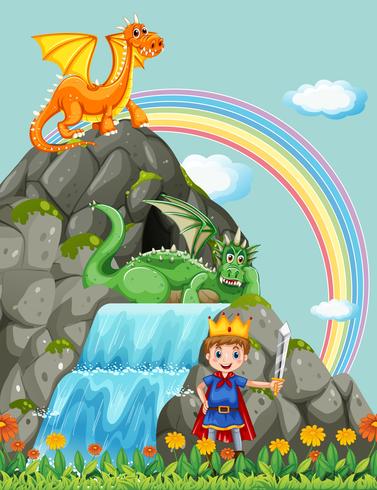 Prinz und Drachen am Wasserfall vektor