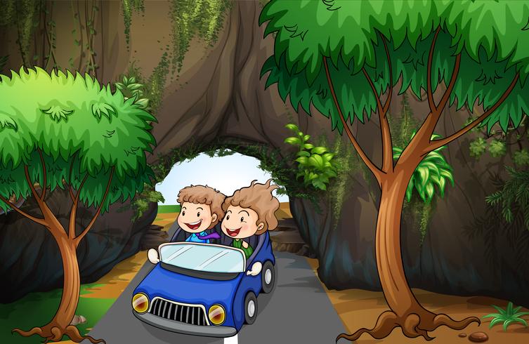 Ein Mädchen und ein Junge, die in einem Auto fahren, das die Höhle führt vektor
