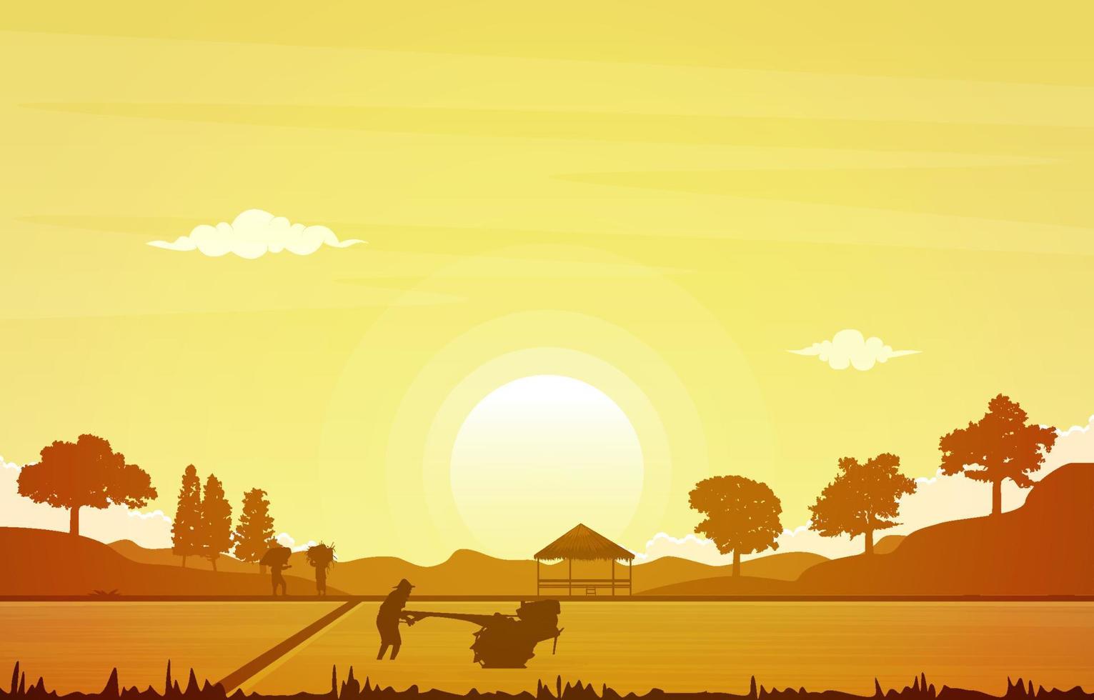 soluppgång asiatisk bonde risfält jordbruk natur illustration vektor