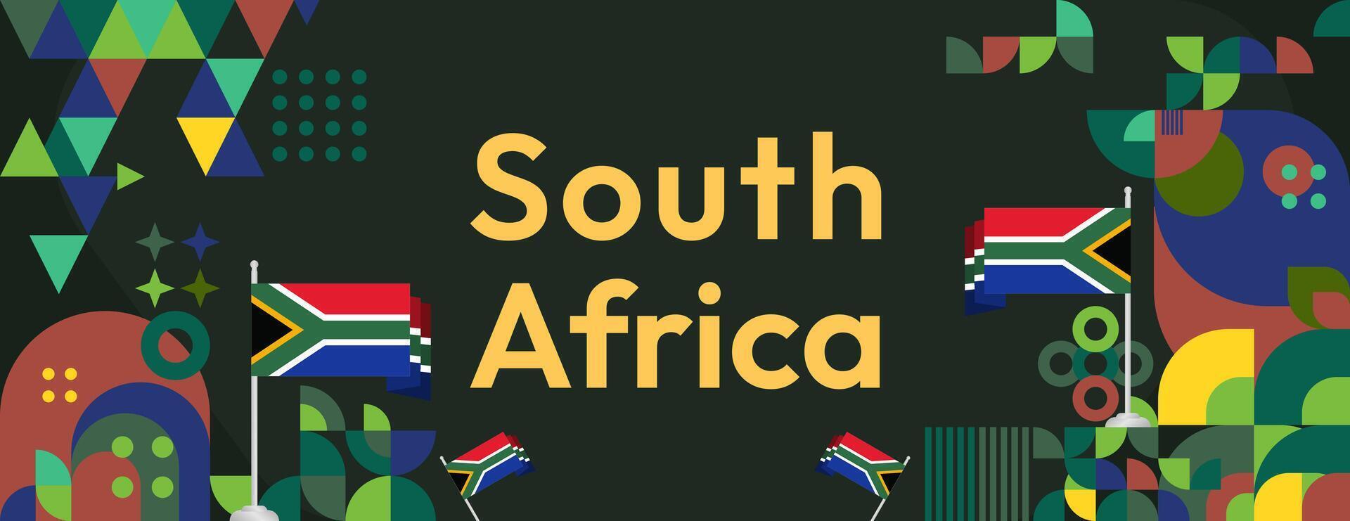 Süd Afrika National Unabhängigkeit Tag breit Banner. modern geometrisch abstrakt Hintergrund im bunt Stil zum Süd Afrika Tag. Süd afrikanisch Unabhängigkeit Gruß Karte Startseite mit Land Flagge. vektor