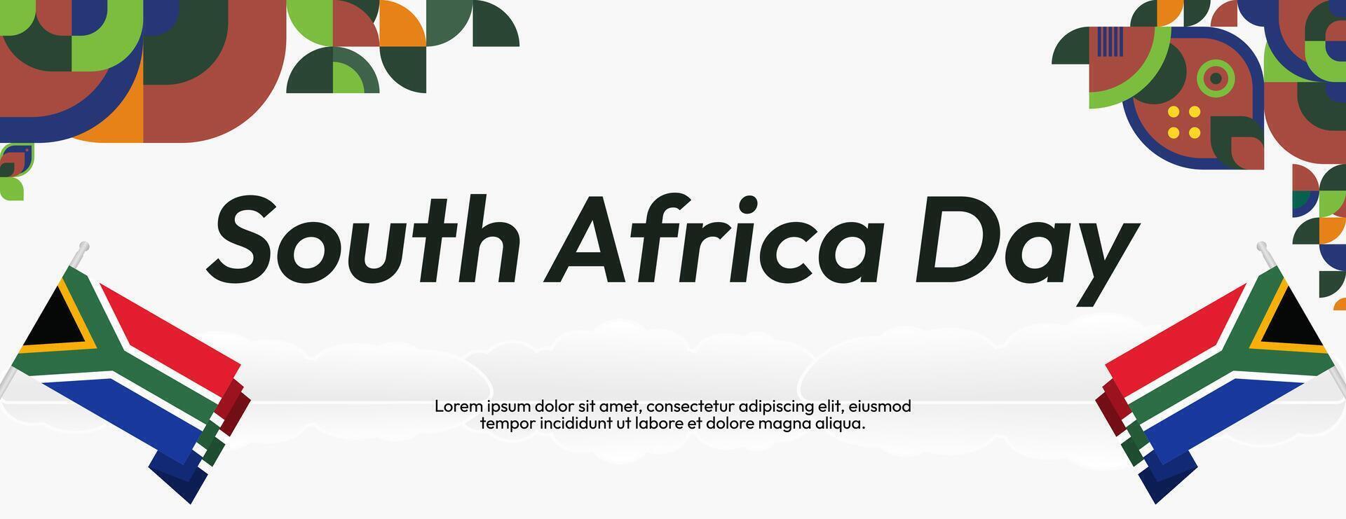 Süd Afrika National Unabhängigkeit Tag breit Banner. modern geometrisch abstrakt Hintergrund im bunt Stil zum Süd Afrika Tag. Süd afrikanisch Unabhängigkeit Gruß Karte Startseite mit Land Flagge. vektor