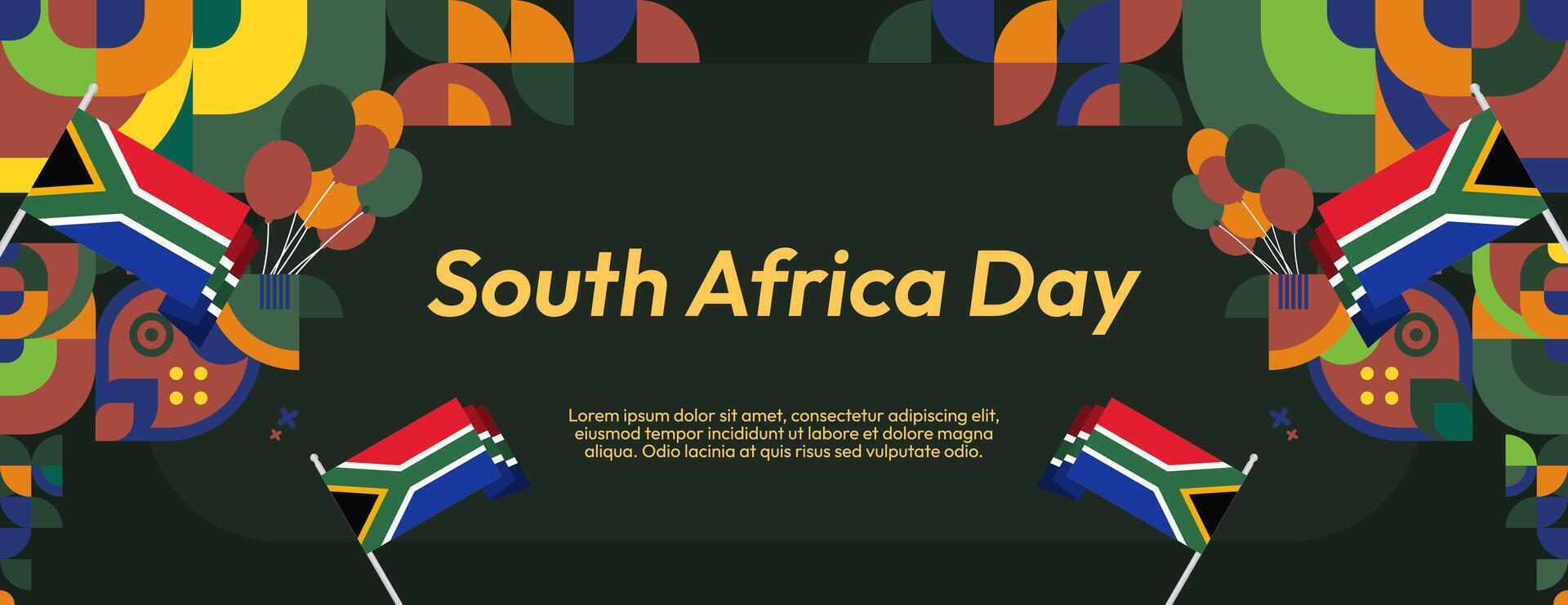 Süd Afrika National Unabhängigkeit Tag breit Banner. modern geometrisch abstrakt Hintergrund im bunt Stil zum Süd Afrika Tag. Süd afrikanisch Unabhängigkeit Gruß Karte Startseite mit Land Flagge. vektor