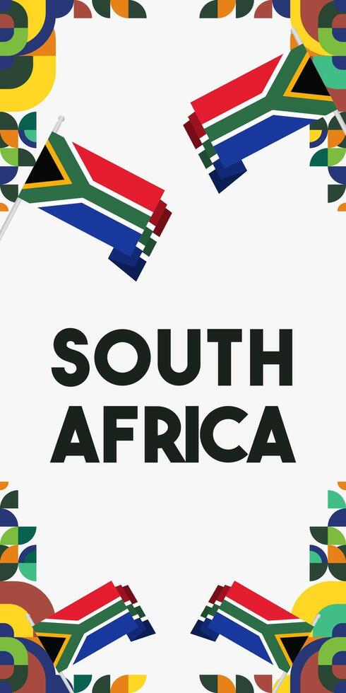 söder afrika nationell oberoende dag stå baner. modern geometrisk abstrakt bakgrund i färgrik stil för söder afrika dag. söder afrikansk oberoende hälsning kort omslag med Land flagga. vektor