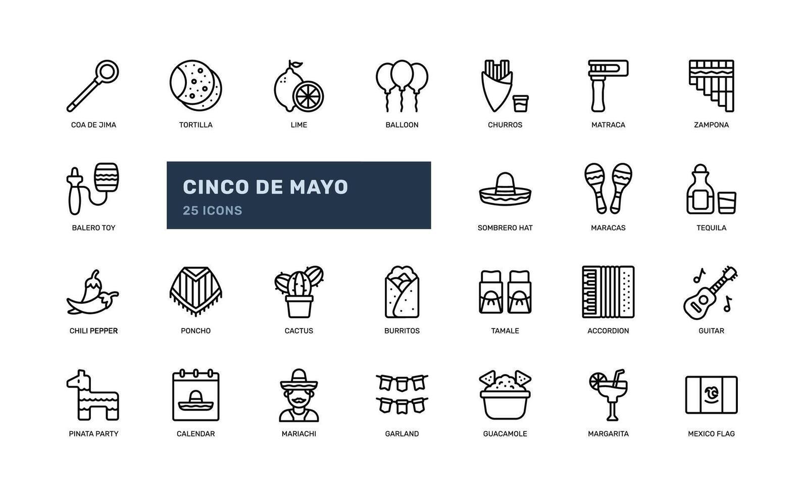 cinco de Mayo Mexiko festlich Festival Feier Gliederung Linie Symbol einstellen vektor