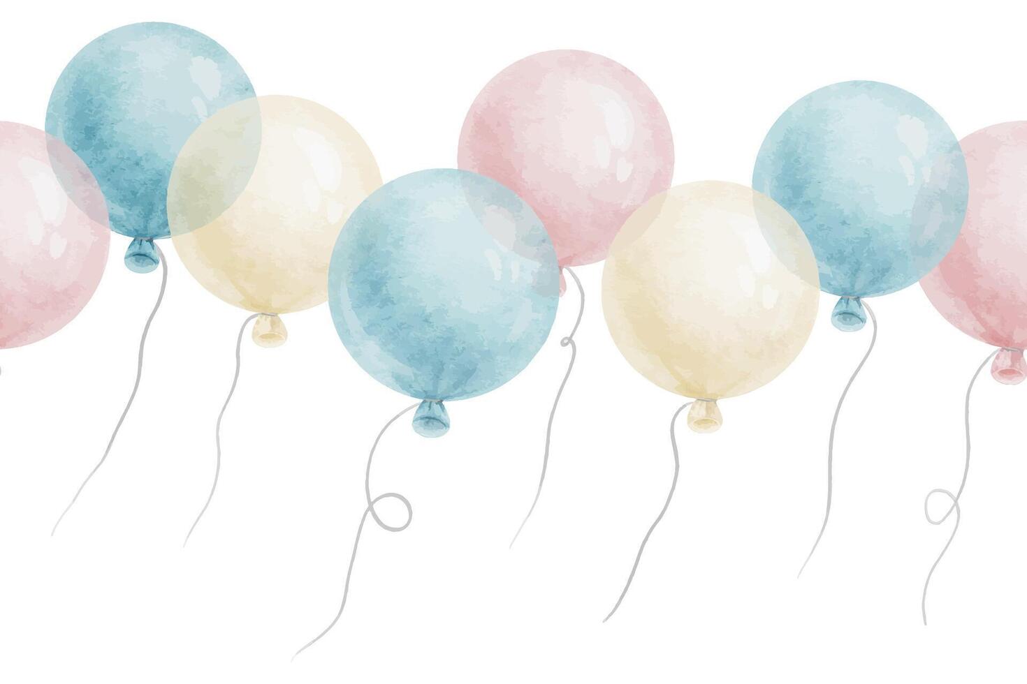 sömlös gräns av blå och rosa luft ballonger. vattenfärg isolerat hand dragen illustration. baner för hemsida, vykort, dekoration av barns rum och fest, bebis dusch och födelsedag kort vektor