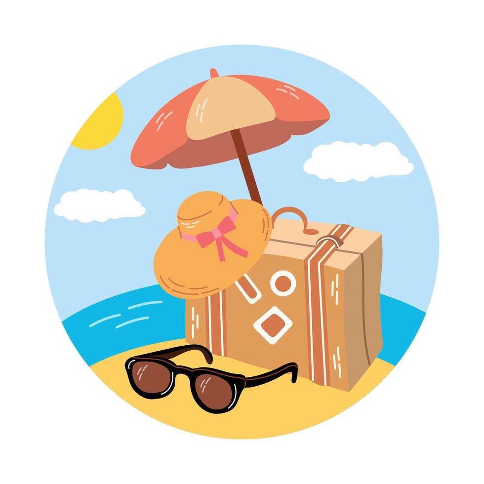 en söt, ritad för hand, runda resa ikon. ett ikon av camping turism och äventyr. en ClipArt med resa element, resväska, solglasögon, sugrör hatt, strand paraply, hav, strand. vektor