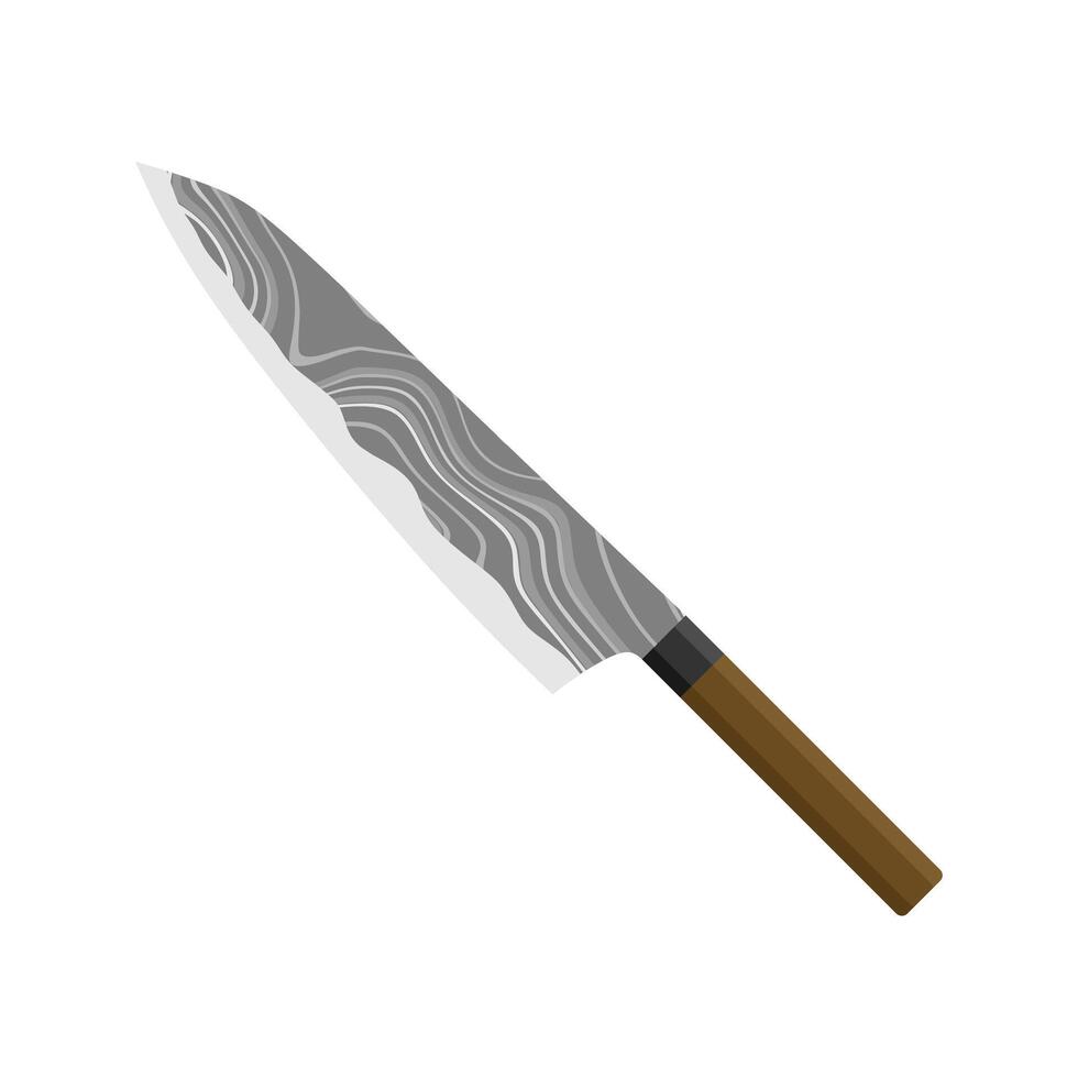 gyuto, japansk kök kniv platt design illustration isolerat på vit bakgrund. en traditionell japansk kök kniv med en stål blad och trä- hantera. vektor
