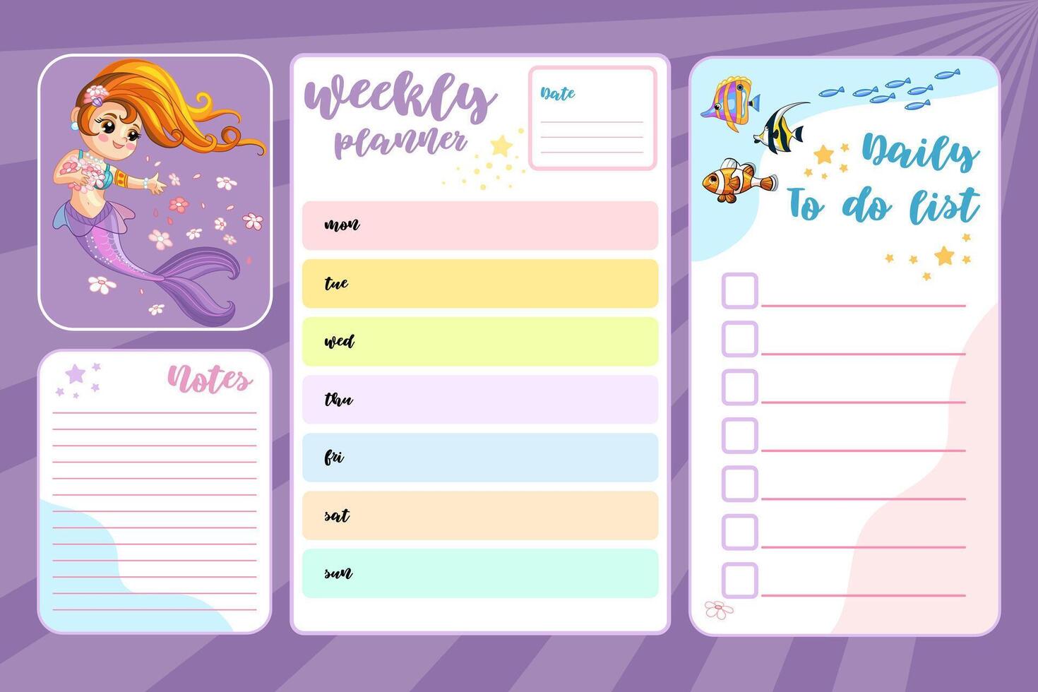 Lycklig sjöjungfru varje vecka planerare och notera sidor uppsättning vektor