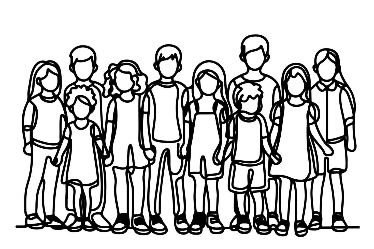 ett kontinuerlig linje teckning av en grupp av barn innehav varje andras händer. klotter linjär teckning. Lycklig barns dag begrepp på vit. vektor