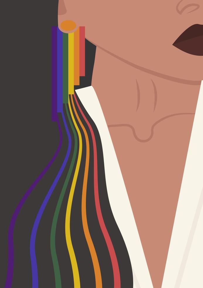 ung kvinna med regnbåge örhänge illustration. estetisk konst av lesbisk lady. vektor