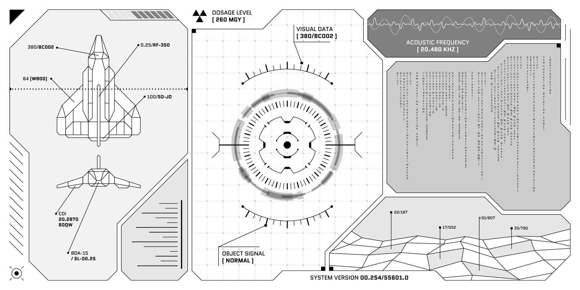 vr hud futuristisch Steuerung Tafel. Technologie Kopf oben Anzeige Ziel und ui Befehl Center Bildschirm. gui Digital virtuell Wirklichkeit Schnittstelle Hallo Technik Visier Design. fui sci fi Raumschiff Cockpit eps Instrumententafel vektor