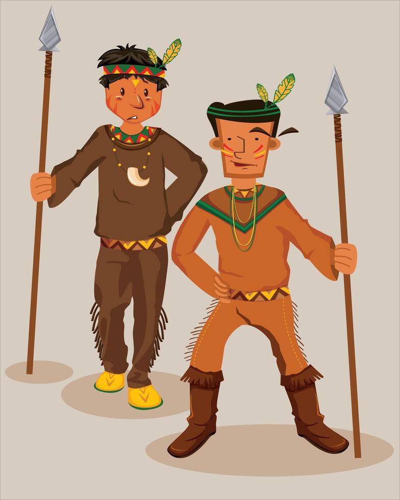 två män från ett amerikan indisk stam med spjut. inföding amerikan stam vektor