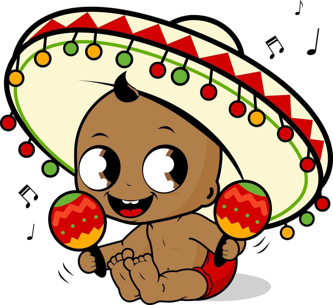 mexikansk cinco de mayo bebis dusch fest med bebis pojke med en sombrero hatt. en Lycklig mariachi bebis pojke spelar musik med de maracas. vektor