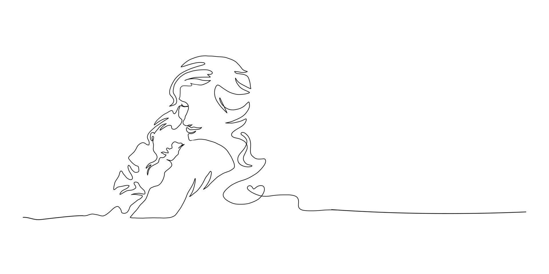 kontinuerlig linje konst av moderskap, bära bebis, Lycklig mor dag kort, ett linje teckning, förälder och barn silhuett hand ritade. illustration vektor