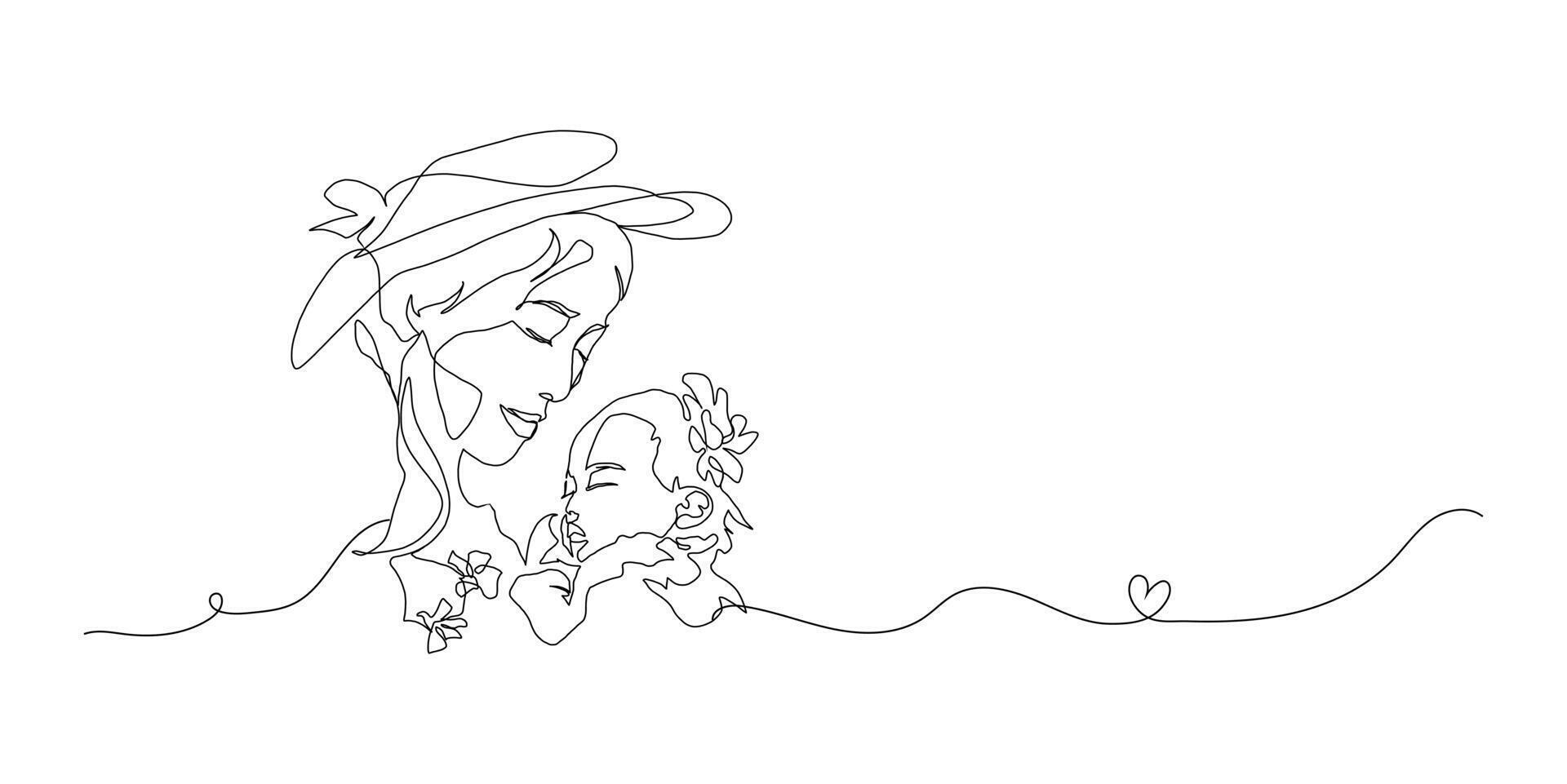 kontinuerlig linje konst av moderskap, bebis blommor, Lycklig mor dag kort, ett linje teckning, förälder och barn silhuett hand ritade. illustration vektor