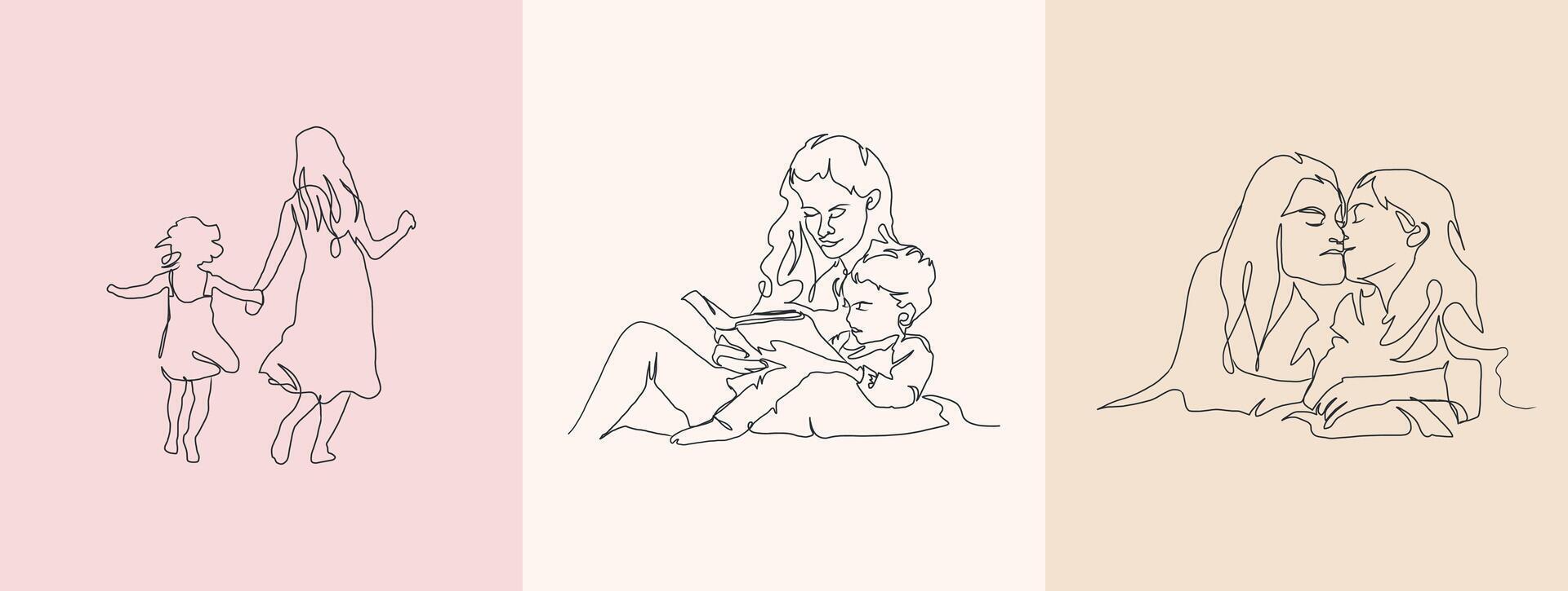 uppsättning av kontinuerlig linje konst av moderskap, Lycklig mor dag, ett linje teckning, förälder och barn silhuett hand ritade. illustration vektor