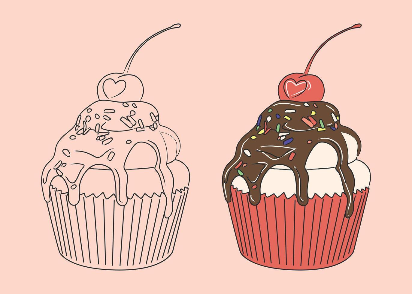 vanilj muffin med choklad glasyr, ljuv grädde, färgad strössel och körsbär på topp vektor