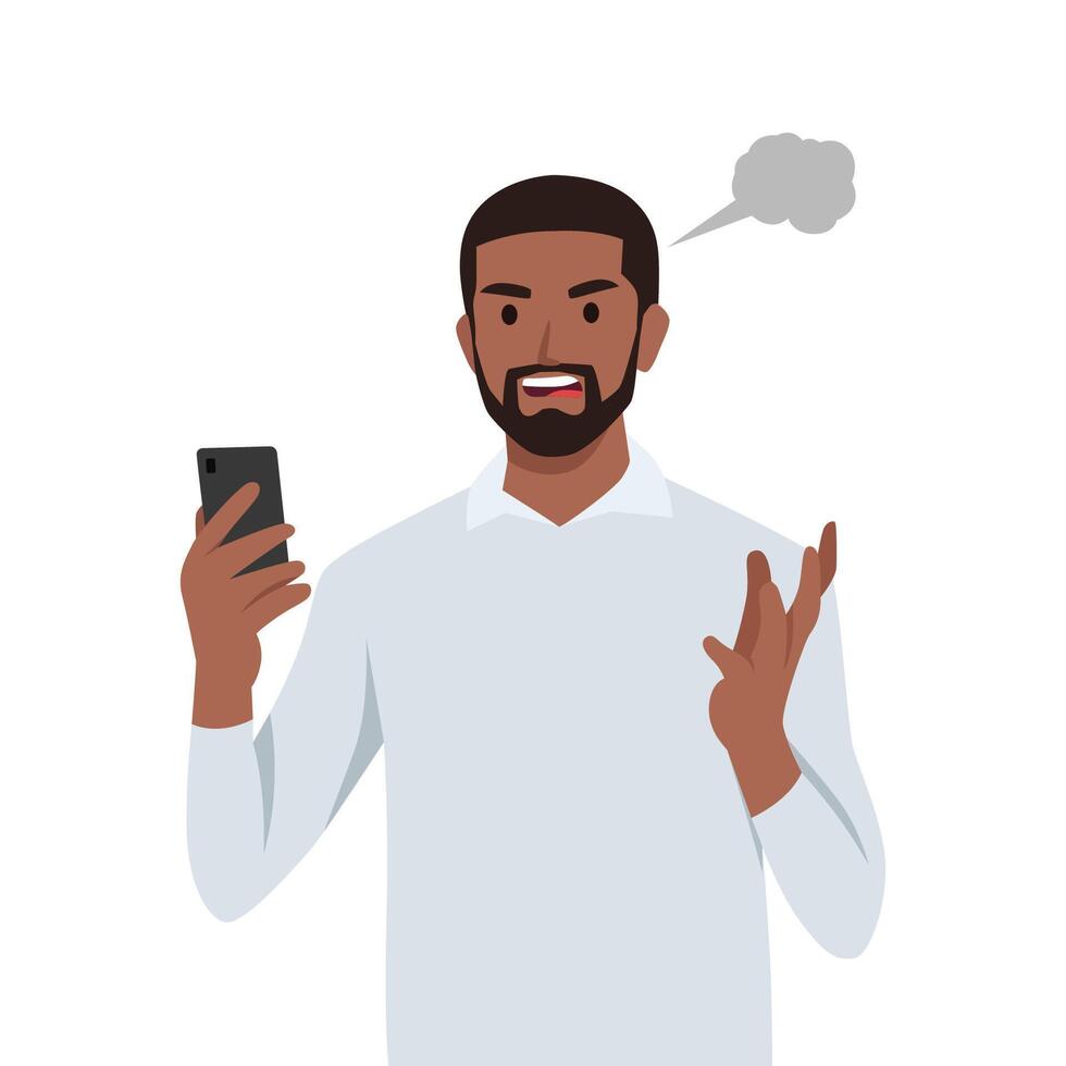 ung svart man läsa text meddelanden på mobil telefon den där är en falsk påstående han känt missnöjd. vektor