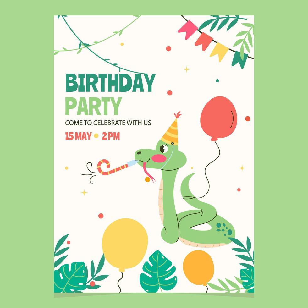 karaktär orm med en ballong födelsedag inbjudan mall vektor