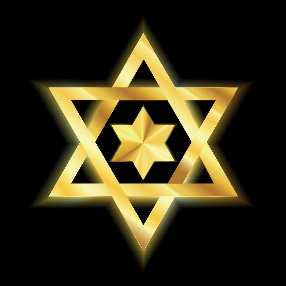 stjärna av David gyllene tecken på en svart bakgrund.judendom religiös symbol.glänsande lysande hexagonal stjärna av David jewish kultur tecken.lyx guld metallisk hexagram.israel symbol. vektor