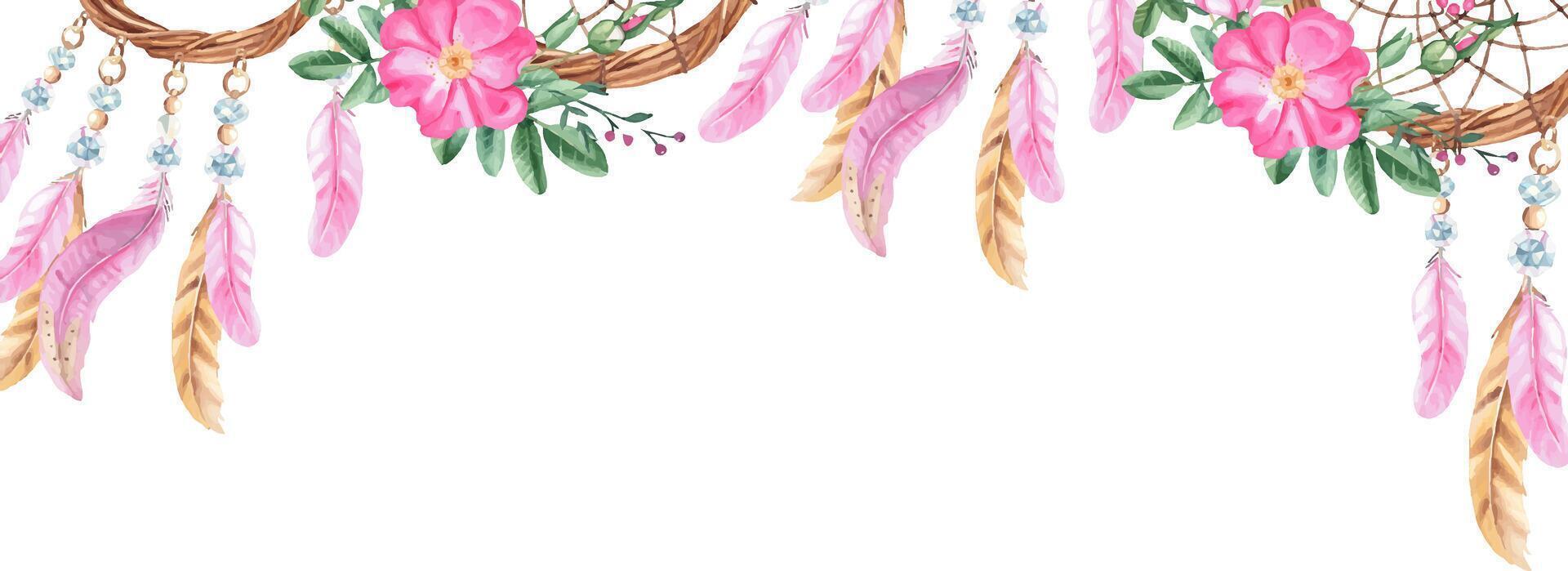 Traum Fänger Banner mit Perlen, Kristalle, Hund Rose Blumen und Rosa und Beige Gefieder. Aquarell horizontal rahmen, Grenze. Hand gezeichnet Illustration. perfekt wie ein Netz Banner, Karte und Einladung vektor