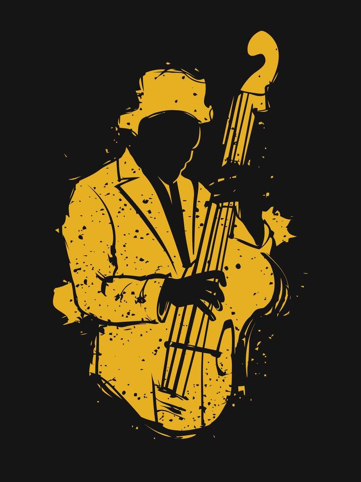 stiliserade gul silhuett av en musiker spelar dubbel- bas på en befläckade bläck svart bakgrund vektor