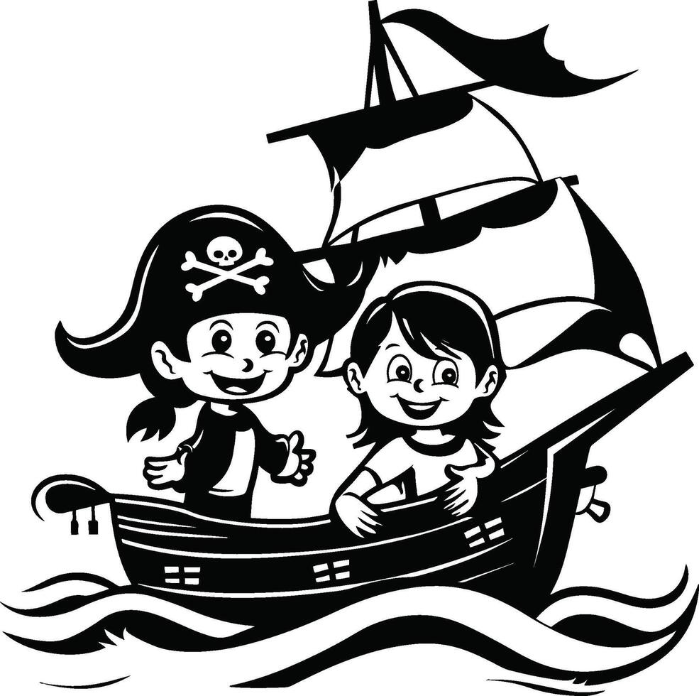 zwei glücklich lächelnd Pirat Junge und Mädchen auf ein Pirat Schiff vektor
