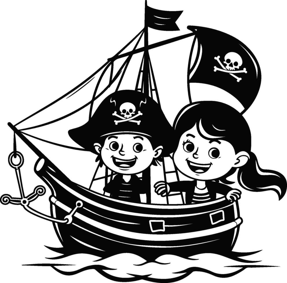 zwei glücklich lächelnd Pirat Junge und Mädchen auf ein Pirat Schiff vektor