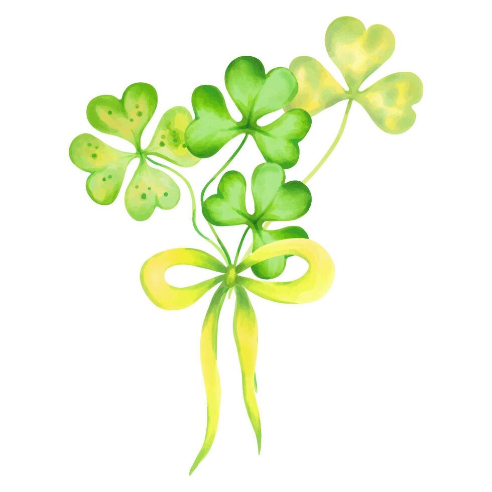 bukett av klöver löv med bow.symbol av st. Patricks dag.vattenfärg och markör illustration.hand dragen isolerat skiss.klipp konst sammansättning för kort, klistermärken eller mall vektor